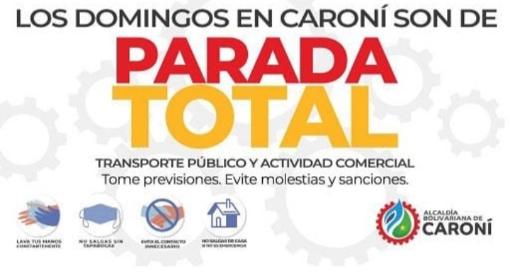 AlcaldiaCaroni's tweet photo. #Guayana, mañana se mantendrá el domingo de "Parada de transporte público y comercial" en todo el  municipio Caroní. 
 Únicamente estarán abiertos la venta de medicamentos e insumos médicos. 
#VamosCiudadGuayana 
#VenceremosAlCovid_19 https://t.co/Q6wv5Nlmcc