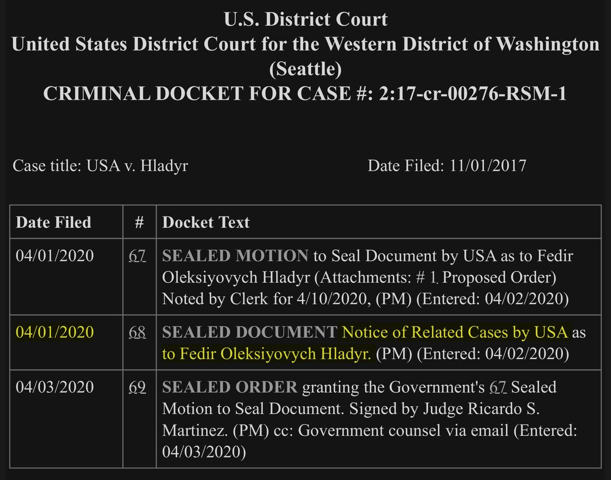 Sometimes I like to go back and re-read previous research - especially if a birdie whispers in my ear(not my place to tell you who nudged me)Huh so on April 1 2020 the Govt filed (under seal) a notice of a related case re HladyrGosh I wonder who that defendant is ...