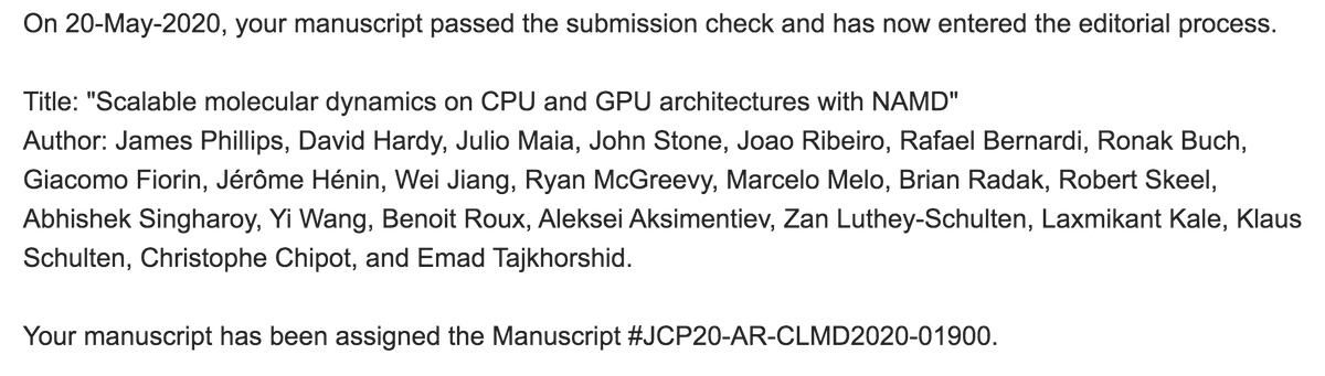 abhisekhsingha1's tweet photo. New reference paper of #NAMD just submitted !! Time to updated PHILLIPS2004 with PHILLIPS2020. Hope we'll find the same love that the community has been bestowing for the last 16 years @emadtaj @rafaelcbernardi @tcbguiuc @BeckmanInst @ASUBiodesign https://t.co/c5YyufIE9Q