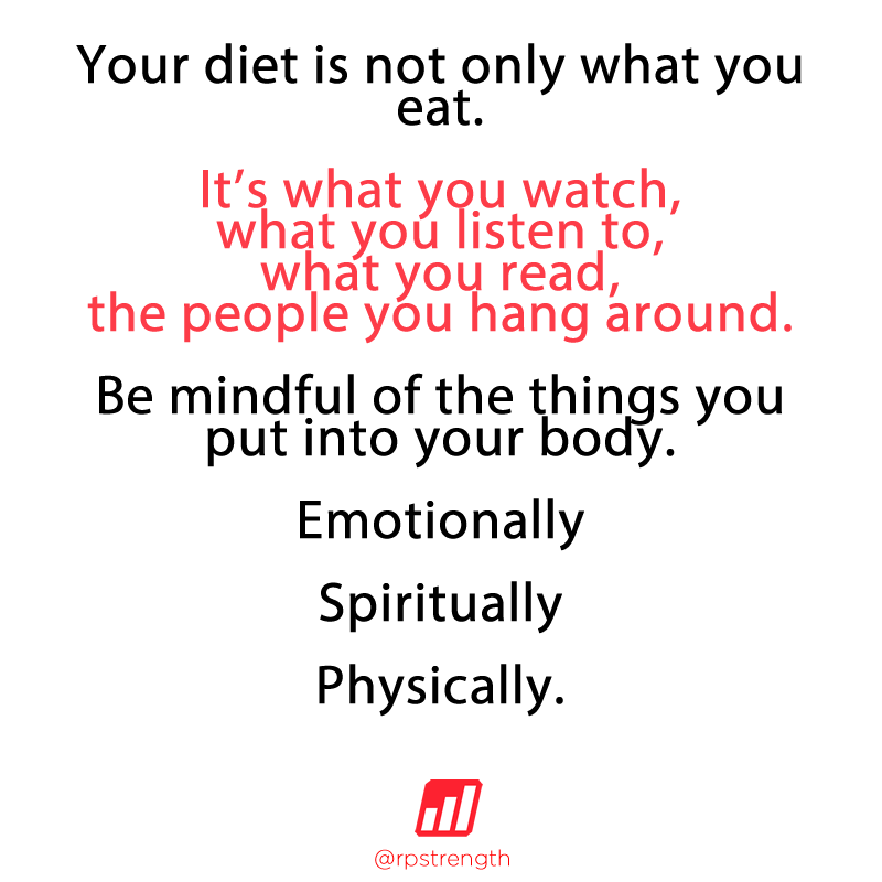 RPstrength's tweet photo. It's not just what you eat...it's what you feed your mind. Be careful what type of information you ingest online, via the news, etc.

The same goes for your core group of close friends &amp; family. Choose wisely as it all impacts your overall health and happiness levels! 💪❤ https://t.co/Rd3HL9QUDG
