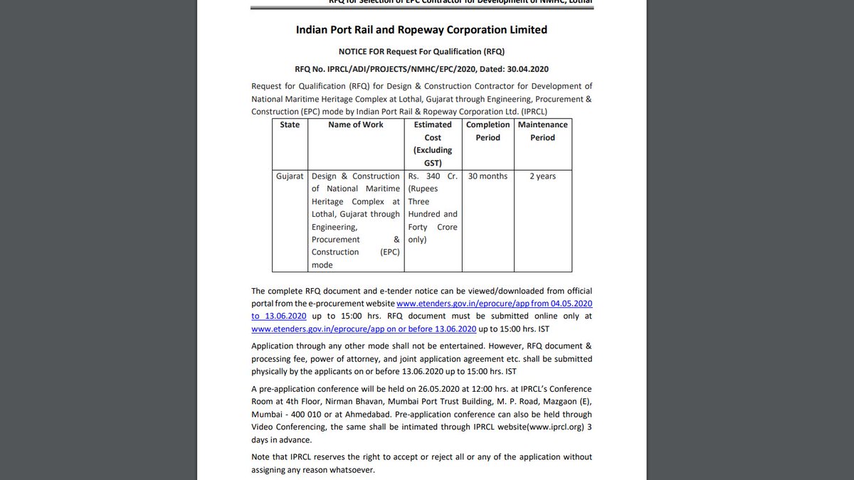  #inprojectupdate Indian Port Railway invited bids for Design and Construction of National Maritime Heritage Complex at Lothal, Gujarat through Engineering, Procurement and Construction EPC mode.Total cost -340 CR.    1/3