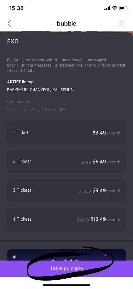 here you will be shown the ticket prices. the amount of tickets you buy equals the amount of members you can message. when you click on ticket purchase you will be brought to the second screen shot. click on the purchase button next to the number of tickets you want