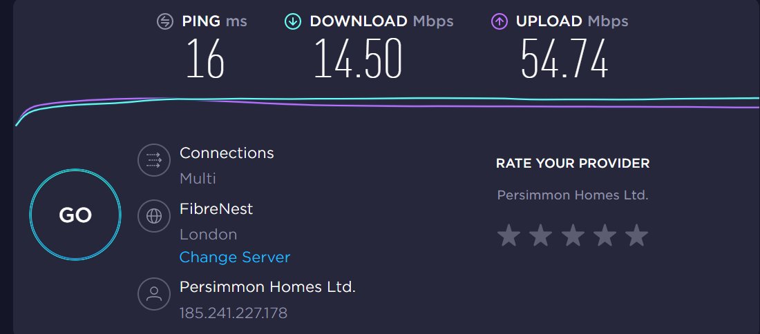 SeanIsHerko's tweet photo. This is what happens when you go with @PersimmonHomes  Fibrenest company when you move in to their new builds and pay £45 for super fast fibre broadband. 
#fibrenest #persimmon #newbuild #fibre #internet #slowinternet #speedtest https://t.co/NxIBbe1zCq