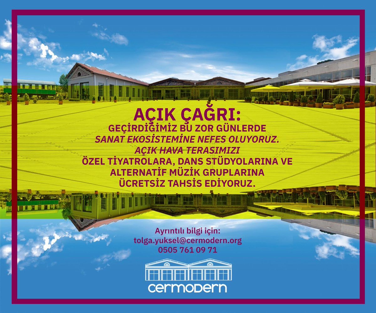 Açık Çağrı! 

Geçirdiğimiz bu zor günlerde sanat ekosistemine nefes oluyoruz. Açık hava terasımızı özel tiyatrolara, dans stüdyolarına ve alternatif müzik gruplarına ücretsiz tahsis ediyoruz. 

Ayrıntılı bilgi ve başvurular için: tolga.yuksel@cermodern.org