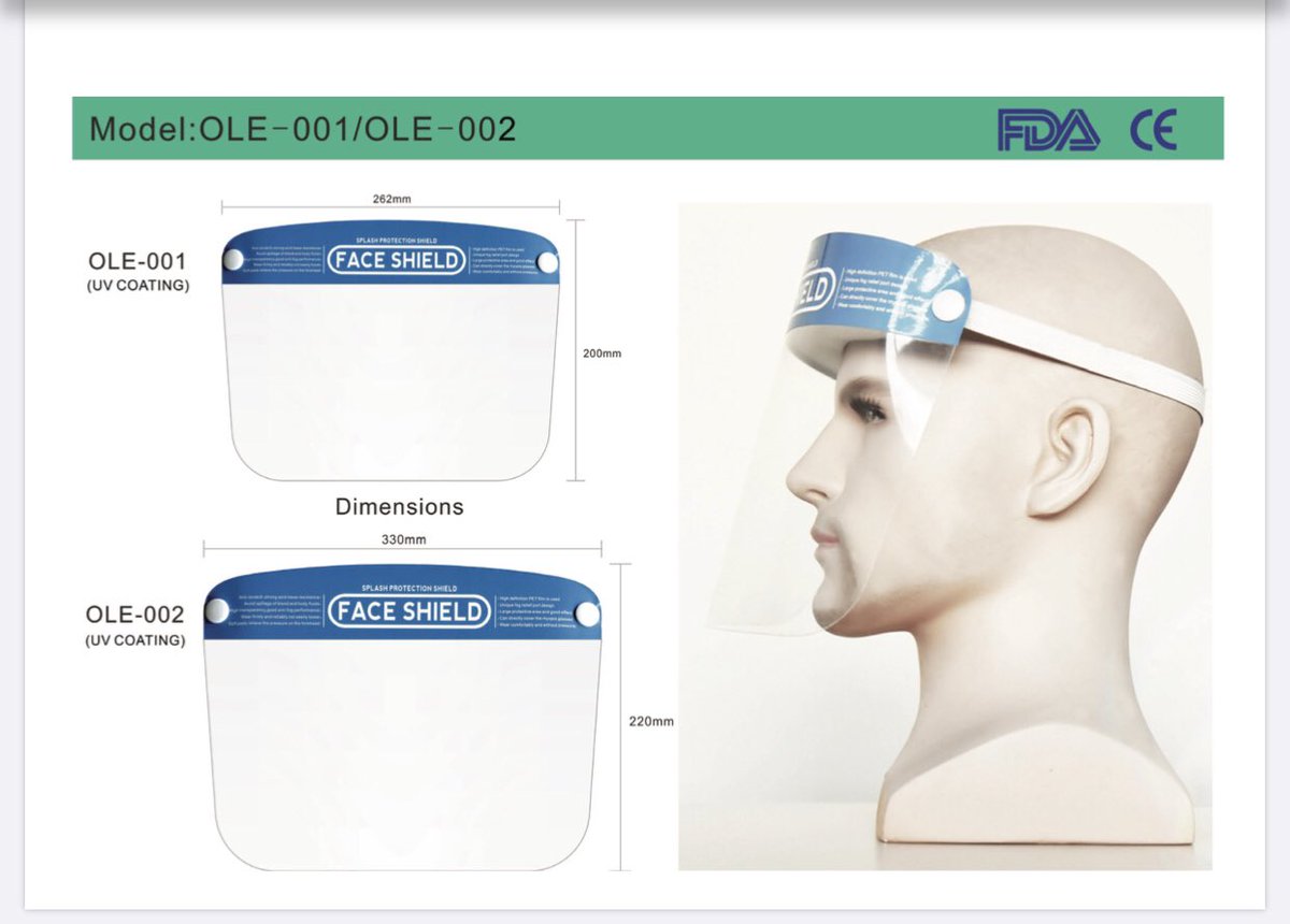 GoDriverJobs's tweet photo. Protective Face Shield 
Orders ship from our Warehouse in Indiana,USA. MOQ: 100K

#WearAMask #ProtectYourselfAndOthers #SurgicalMask #PPE #Covid19 #FaceMask #EssentialWorkers #SocialDistancing #StaySafe 
#DisposableMask #3PlySurgicalMask #Level1 #Level2 #510k #FDA #US #FaceShield https://t.co/mlqvmuFc57