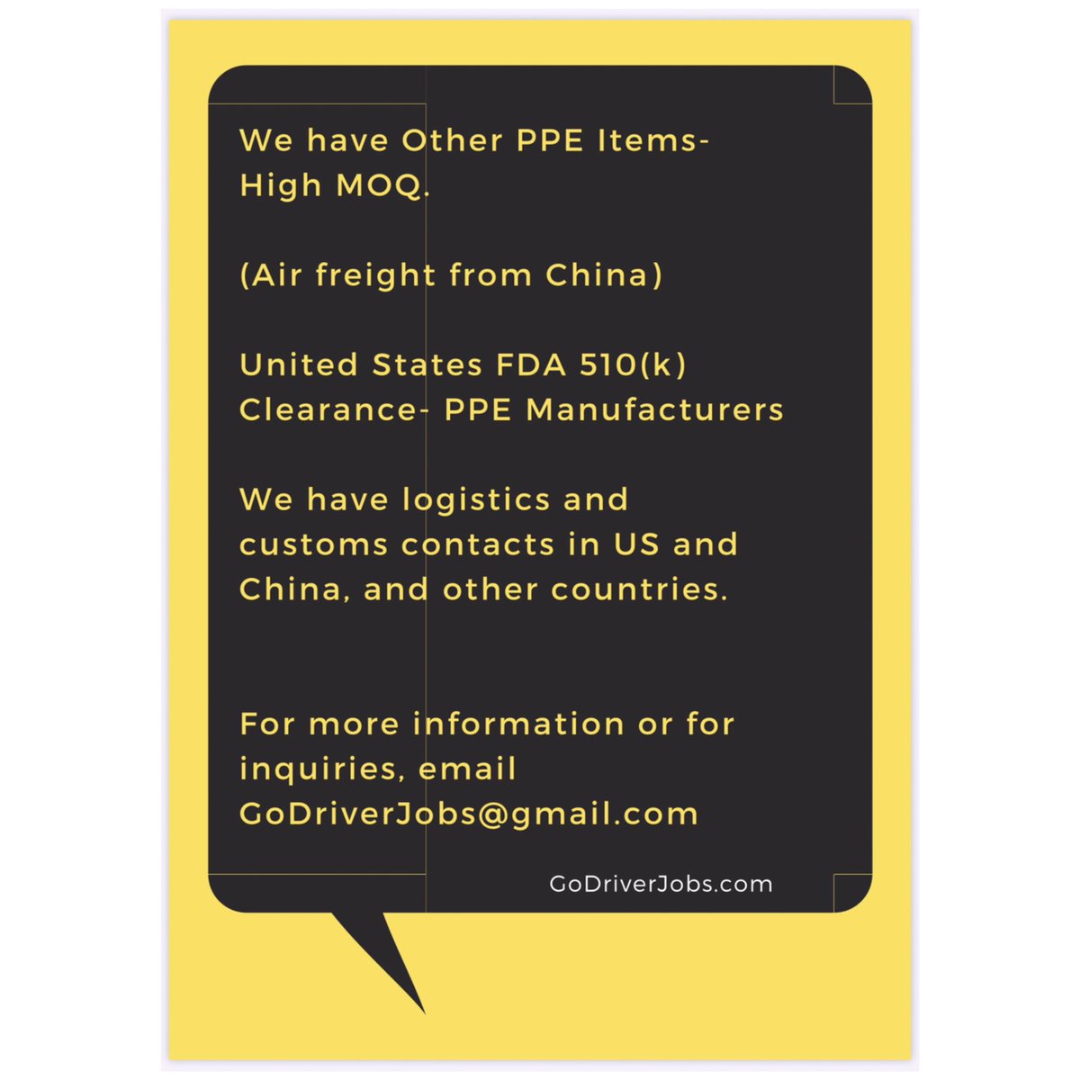 GoDriverJobs's tweet photo. Protective Face Shield 
Orders ship from our Warehouse in Indiana,USA. MOQ: 100K

#WearAMask #ProtectYourselfAndOthers #SurgicalMask #PPE #Covid19 #FaceMask #EssentialWorkers #SocialDistancing #StaySafe 
#DisposableMask #3PlySurgicalMask #Level1 #Level2 #510k #FDA #US #FaceShield https://t.co/mlqvmuFc57