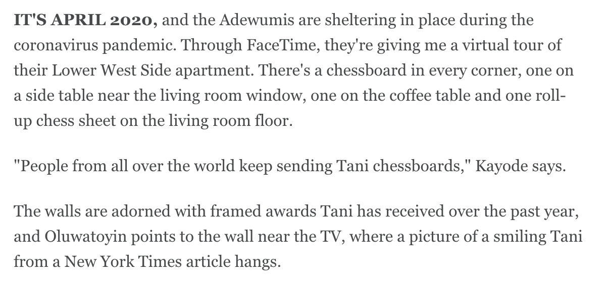 One of the big challenges of reporting such a nuanced, complicated story filled with details was not being able to do it in person. I wanted so badly to visit their home, spend time with them. But, we had to settle for zoom and FaceTime.  https://www.espn.com/espn/story/_/id/29195851/from-homeless-refugee-chess-prodigy-9-year-old-dreams-becoming-youngest-grandmaster