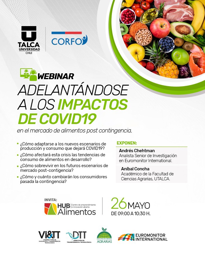 UTalca's tweet photo. ¿Conoces el impacto del #Covid_19 en la industria de alimentos envasados? 🍫🥫 Participa el 26 de mayo, junto a expertos de la Facultad de Ciencias Agrarias #UTalca y @Euromonitor, en el webinar del @HubAlimentos apoyado por @Corfo Inscríbete ➡️ https://t.co/uYP926l80e https://t.co/57bTnC8J4z
