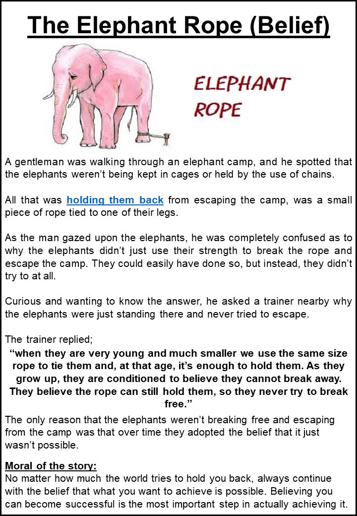 Full Potential Learning Academy on X: Inspiration Story- The Elephant Rope  (Belief) Source- Unknown #TheElephantRope #InspirationStory  #MotivationalStory #StudentsLearning #OneOnOneTutoring #SummerProgram  #MiamiPremierTutoring #MathTutor #ScienceTutor