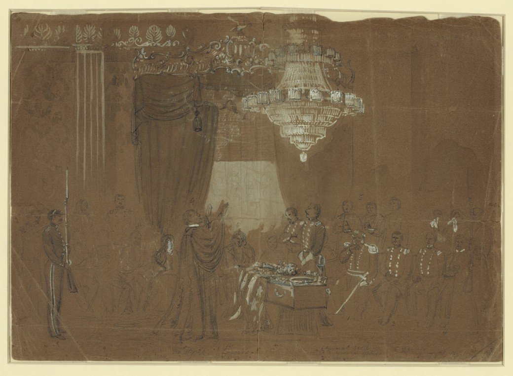 (5/11) News of the shooting traveled quickly to Washington. Holmes offered his services to Ellsworth’s family, and the captain’s preserved body was taken to the White House, where it lay in state for several days.