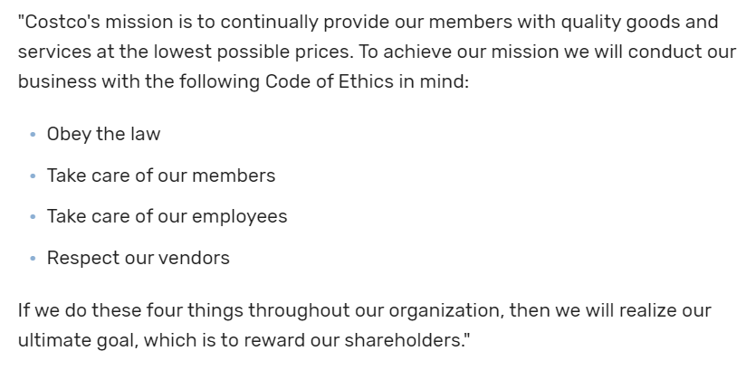 ShavlikRoss's tweet photo. Costco's business plan of being a company you can trust to put out good products and ethical services. #SCSU #mgmt201 #SCSUmgmt201 #MgmtFoundations https://t.co/OvWgdUHDlq