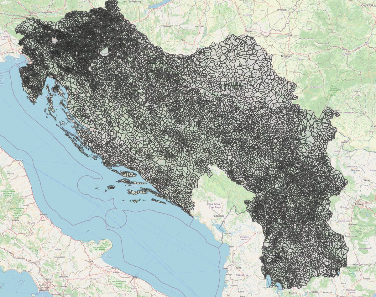 milosmakesmaps's tweet image. The cadastral map of over 20,000 settlements that I have been building for the last 4 years helps me re-create old Yugoslav municipalities and produce fine-grained dataviz. Montenegro is still under construction.
#dataviz #datavizualization #DataScience #gis #qgis #GeoSpatial