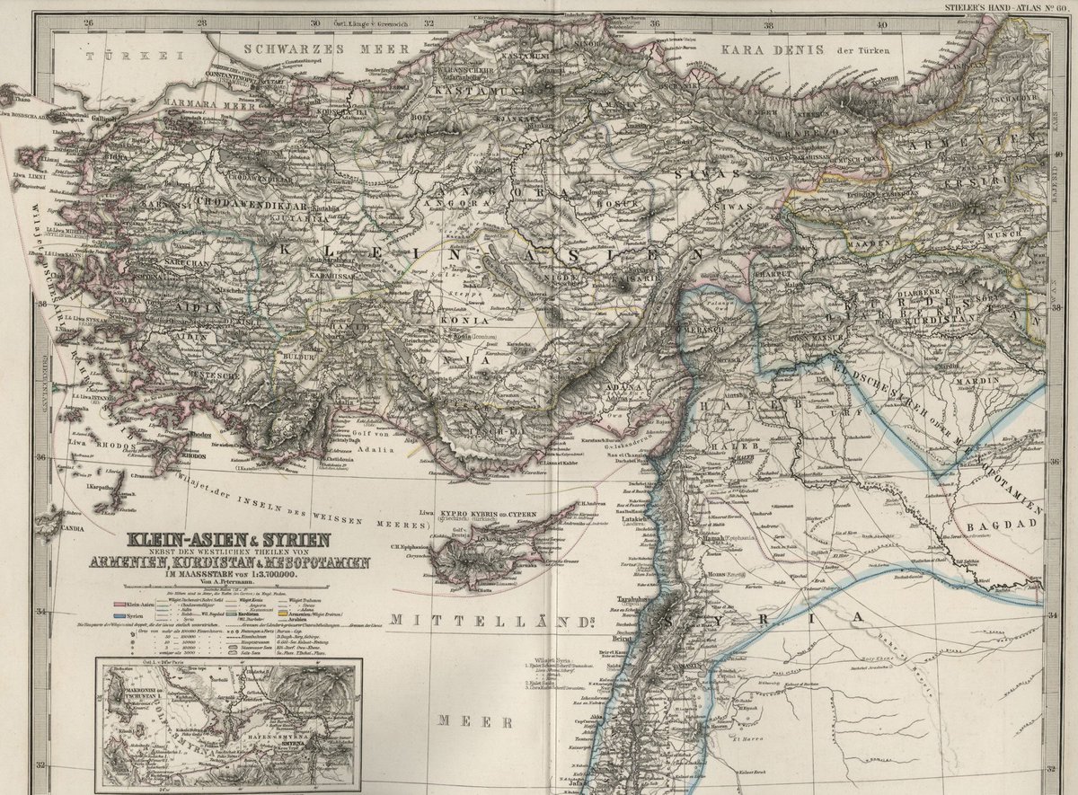 1876 Large, Dated, Hand-Colored KURDISTAN Map & Asia Minor & Syria including, Armenia; Aidin; Mughla; Konia; Angora; Siwas; Kastamuni; Bagdad; Cyprus and more.This is a 130+ Year-Old Map--NOT a Reproduction, Most legends and place names are in the GERMAN language.