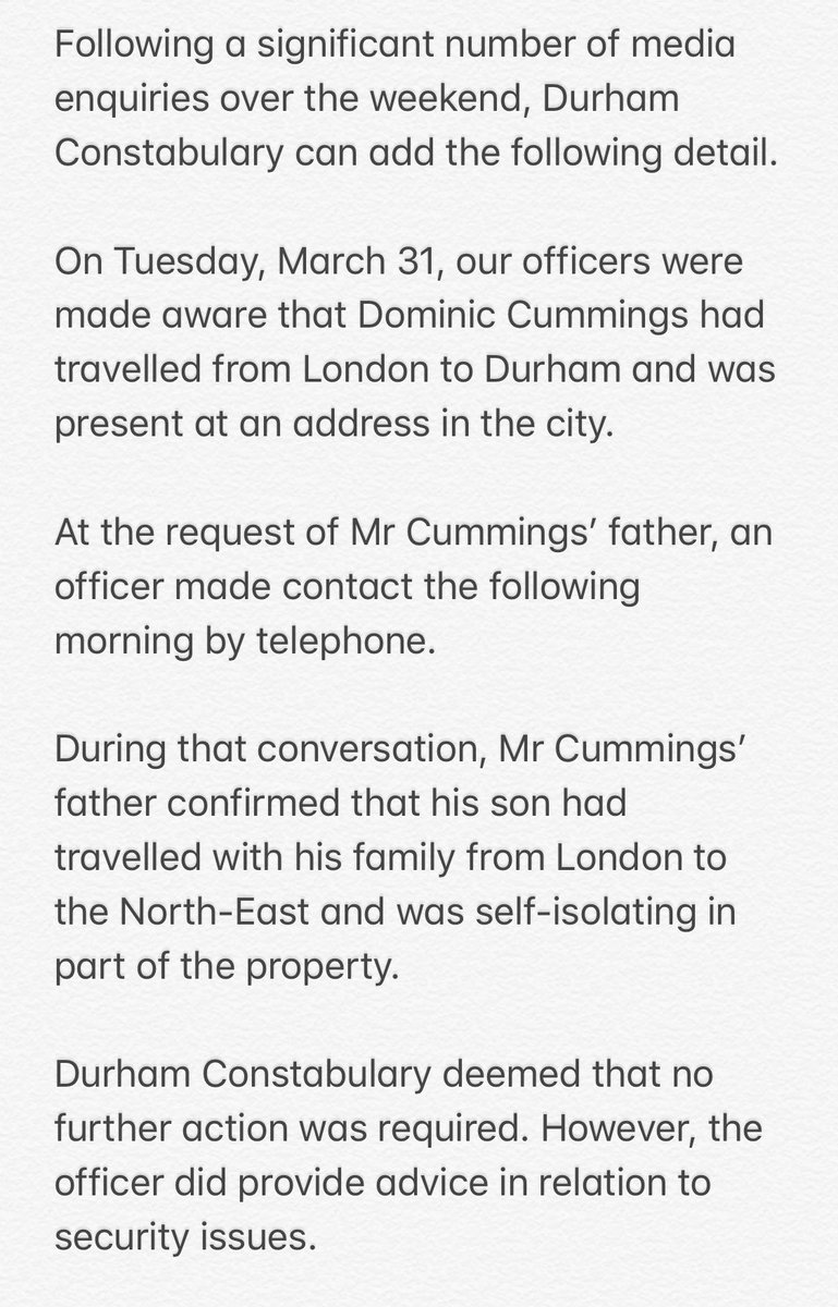 Earlier today <a href="/DurhamPolice/">Durham Constabulary</a> press officer politely declined when asked by <a href="/BBCLN/">BBC Look North NE&C</a> to add to their statement issued yesterday re: #DominicCummings tonight they have issued this...