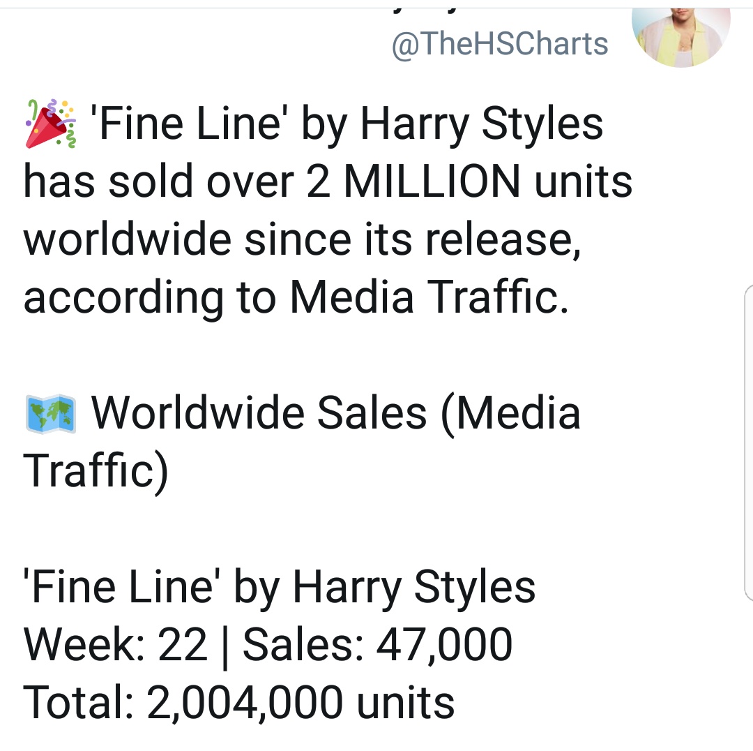 - "Fine Line" has been in the top 10 for over five months in the UK and re peaked, in addition, harry currently has THREE singles in the top 40 in the UK official chart.-"Fine Line" has now sold over 2 MILLION copies WW.