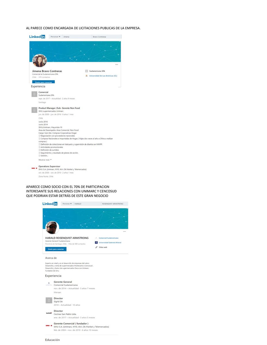 Jp82591097's tweet photo. Me interesó conocer la empresa comercial sudamericana spa que se lleva uno de los contratos millonarios por armar cajas. 
Se ve todo chanta. Adjunto extracto de informe realizado x interferencia y datos que obtuve de google y linkedin.
Habrian CONEXIONES CON UNIMARC Y RABIE . https://t.co/CRyWSZ8rXt