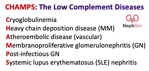 Neph_SIM's tweet photo. 🚨 New Case Alert 🚨

A 33 y/o with microscopic hematuria &amp; hypocomplementemia...

https://t.co/DUcpI5nR9y

Our mnemonic for ⬇️ complement #kidney diseases: CHAMPS 🏆

C-ryo
H-eavy chain DD
A-theroembolic dz
M-PGN
P-IGN
S-LE nephritis 

#FOAMed #KidneyPath #CHAMPS https://t.co/jrWl2BpngI
