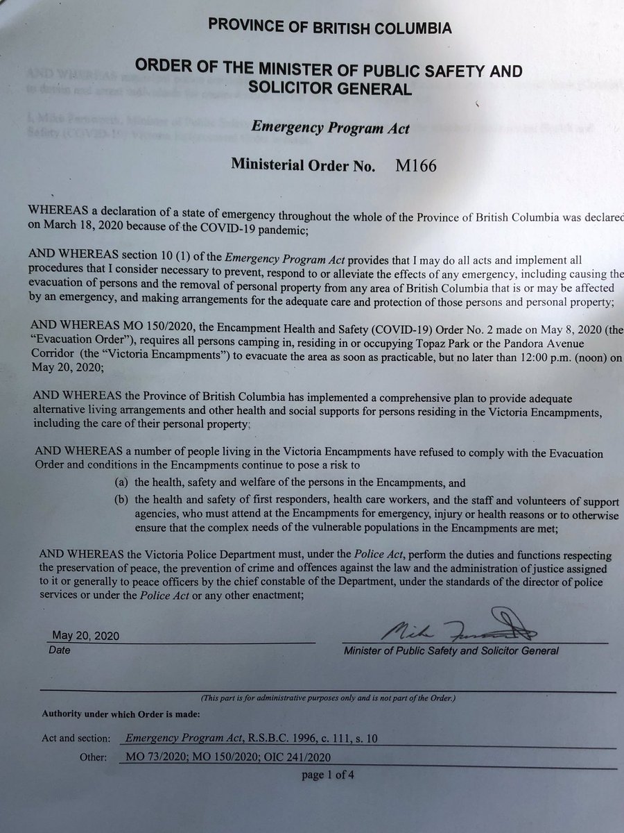 Despite a letter from the  @bccla, I’ve been told that this morning unhoused people on Pandora St were woken up by VicPD & Bylaw officers redistributing the public safety ministerial order & verbally issuing new enforcement deadlines....