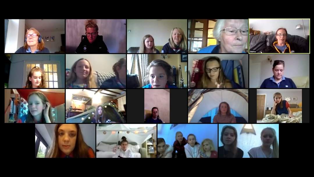 ggsandbach's tweet photo. Guides from all units in @ggsandbach taking part in our #VirtualCamp Guide Disney Quiz #AdventuresAtHome. Sleep well everyone in your tents and dens. We will catch up with the Rainbows and Brownies tomorrow for their wake up &amp; shake up class and Disney Quiz. https://t.co/Uwsw5WCqTc
