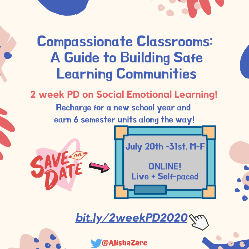 AlishaZare's tweet photo. Calling all educators! 2 week summer PD will be fully ONLINE this July.
Opportunity to earn 6-semester units!
Topic: #SEL #strengthbasedteaching + preparing for fall!
Compassionate Classrooms- A Guide to Building Safe Learning Communities https://t.co/vvnNRnmMzB
#summerPD https://t.co/QRtPRWs19Y