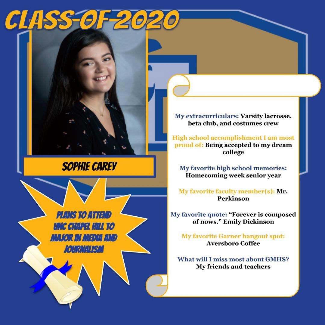 Garner_HS's tweet photo. Congratulations to Sophie Carey, GMHS Class of 2020! 💙💛 #gmhsseniorsrock #classof2020 #iamatrojan #wcpsscelebratesseniors
@garner2020 @GMHSSCouncil https://t.co/SlqqklaVBv