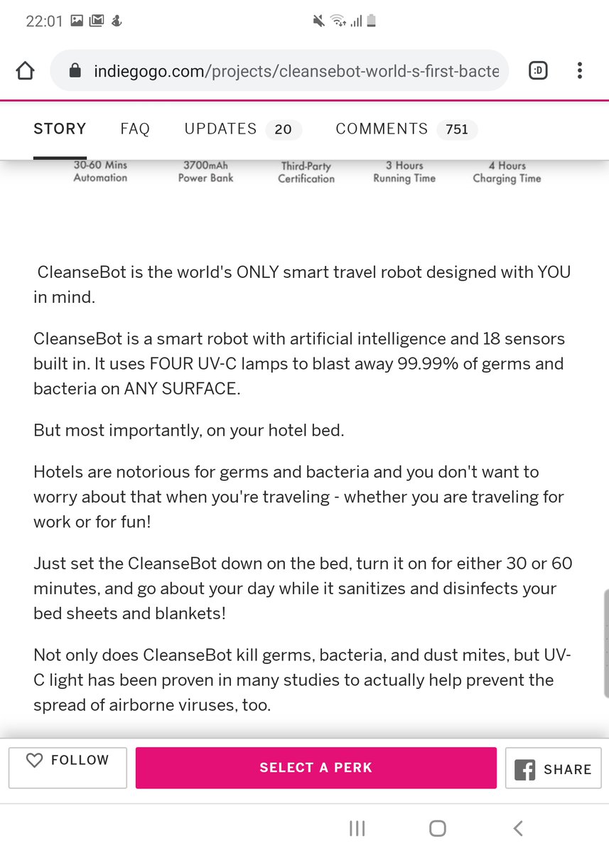 On a lighter note, my CleanseBot arrived. That's right, the world's first bacteria killing robot (I ordered it given I used to travel a lot, before the pandemic) I have no idea if it actually works, but the concept sounded good 17/n https://www.indiegogo.com/projects/cleansebot-world-s-first-bacteria-killing-robot/x/2017467#/