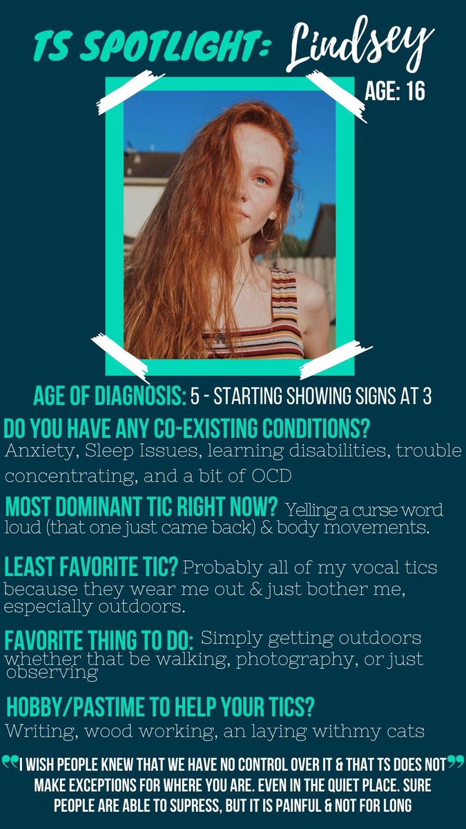 oneticatatime's tweet photo. π£ TS SPOTLIGHT! π£
Meet Lindsey, another amazing woman in the Tourette Syndrome Community who was kind enough to open herself up and share some of her tics and thoughts around Tourette Syndrome with me!
#tourettesyndrome #werealldifferent #ourstories #thisistourettesyndrome https://t.co/4kmvK7DiYM
