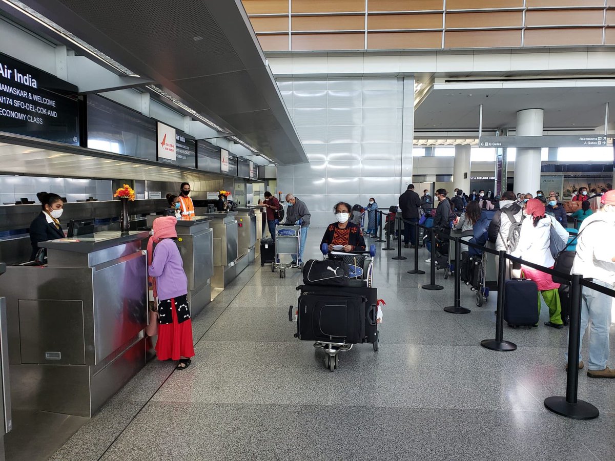 CGISFO's tweet photo. #VandeBharatMission PhaseII-   continues to make a difference! Boarding begins for Indians returning to Kochi / Ahmedabad from @flySFO tonight! Best wishes to all passengers! @IndianEmbassyUS @MEAIndia @IndiainNewYork @CGI_Atlanta @cgihou @IndiainChicago @airindiain @PIB_India https://t.co/GoO0uN6IaY