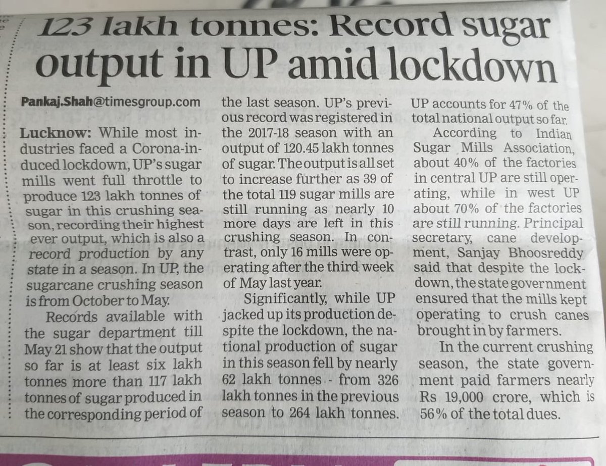 Amid #lockdown, UP #SugarMills went full throttle to produce 123 lakh tonnes of sugar in this crushing season recording their highest ever output, which is also a #RecordProduction by any state in a season. #IAS @Sanjay Bhoosready 👏👏👏👏👏@canewebsite ⁦@CMOfficeUP⁩