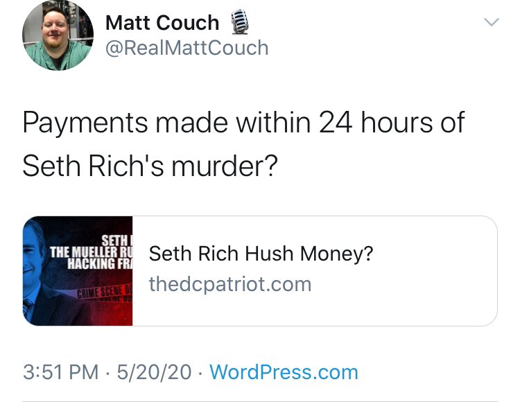 Ah great the guy Trump quote-tweeted and told to “keep digging” *is* a Seth Rich conspiracy theorist.
