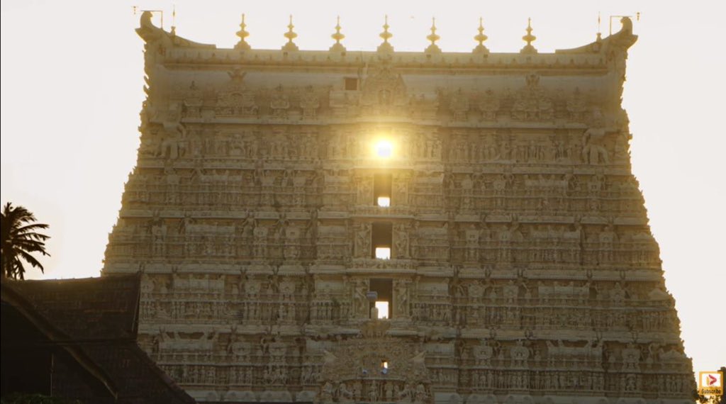 IndiaTales7's tweet photo. These pics here show Sree Padmanabha Swami Temple during Equinox.
The sun goes down along the middle portion of Gopuram of this Temple on equinox.
This occurs twice each year.

This architectural marvel itself is reflective of how brilliant &amp; knowledgeable our ancestors 
were😌🙏 https://t.co/bfE330aRhf
