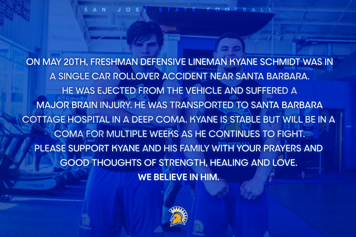 SanJoseStateFB's tweet photo. Spartan Nation, we need you! 

Our brother Kyane needs our support while he fights! Please follow the link below to send a message to him and his family with your prayers and good thoughts of support, strength, healing and love.

🙏https://t.co/Uit29ythfB

#SpartanFamily https://t.co/u7Am3XrdzD