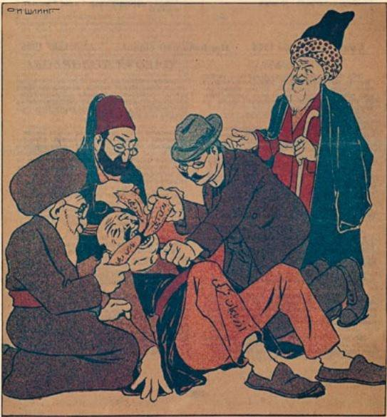 All these stories and search for identity was perfectly portrayed in Molla Nasraddin magazine's caricature - a Persian mullah, an Ottoman clerk and a Russian intellectual all try to force their languages on a poor Azerbaijani guy.