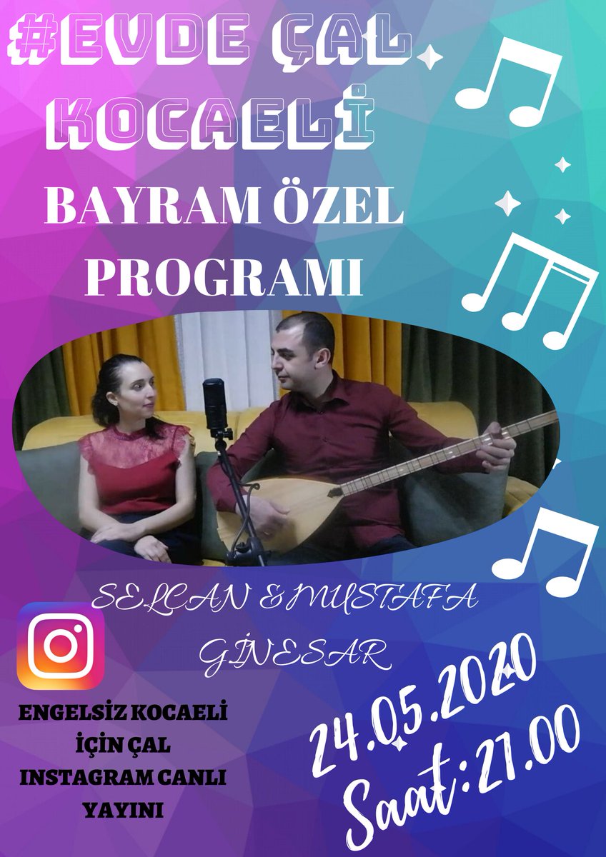 Bugün saat 21:00 de muhteşem bir 🍬BAYRAM ÖZEL🍬 yayınına hazır mısınız? Selcan &amp; Mustafa GİNESAR çifti birbirinden güzel THM eserleriyle sizlere unutulmaz bir bayram yaşatmak için konuğumuz oluyor. 
👇Canlı yayın için 👇 
instagram.com/stories/engels…

#EvdeÇalKocaeli