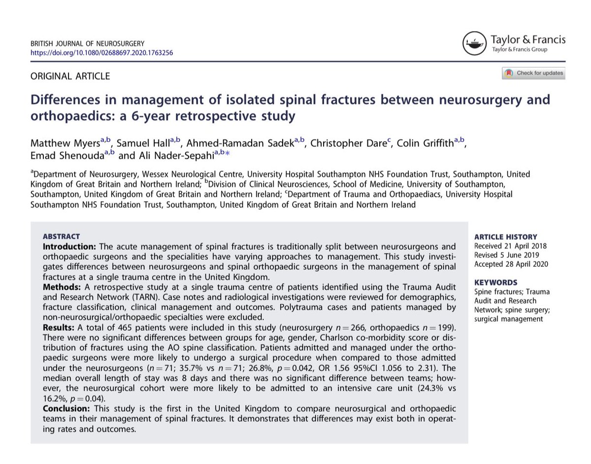 Ahmed Sadek (@a_rsadek) on Twitter photo Spinal surgery as a speciality made up of both neurosurgical and orthopaedic trained surgeons is the future. I am delighted that the study I conceived whilst <a href="/CentreWessex/">Wessex Neurological Centre</a> on the topic has been published in BJNS <a href="/neurosurgBHR/">BHR-NeuroSurgTeam(Romford)</a> <a href="/RlhSpinal/">Spinal Surgery RLH</a> <a href="/RlhNeurosurgery/">RLH Neurosurgery</a>
tandfonline.com/doi/full/10.10… Spinal surgery as a speciality made up of both neurosurgical and orthopaedic trained surgeons is the future. I am delighted that the study I conceived whilst <a href="/CentreWessex/">Wessex Neurological Centre</a> on the topic has been published in BJNS <a href="/neurosurgBHR/">BHR-NeuroSurgTeam(Romford)</a> <a href="/RlhSpinal/">Spinal Surgery RLH</a> <a href="/RlhNeurosurgery/">RLH Neurosurgery</a>
tandfonline.com/doi/full/10.10…