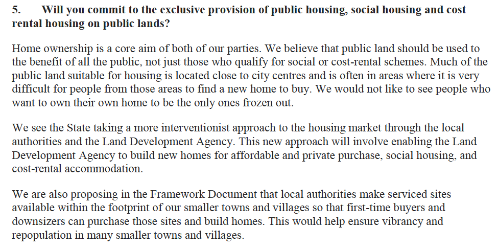 Sounds great, right? Well, FF/FG don't agree. Their reply should ring alarm bells for anyone worried about cost-of-living and housing post-COVID.Because amazingly, they think the LDA - a semi-state microcosm of all that's wrong with our housing sector - is going to fix it!End