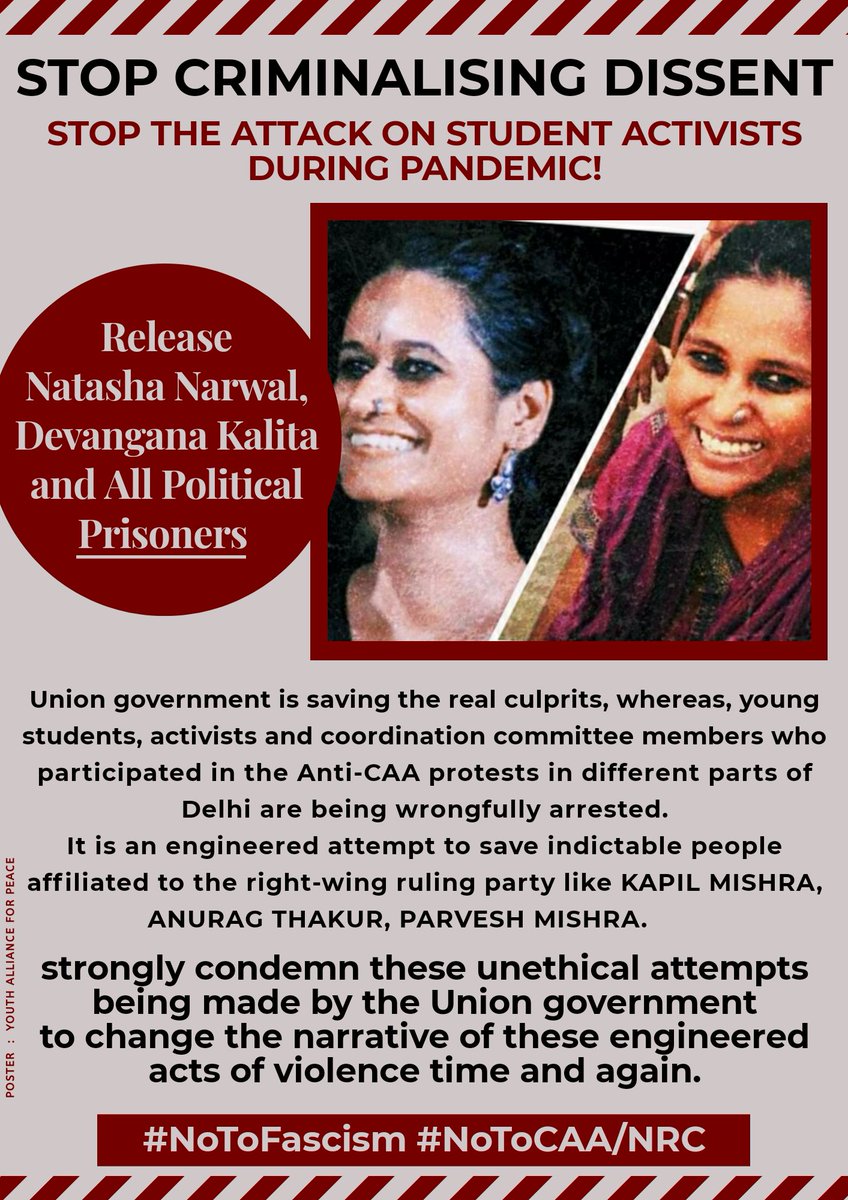In solidarity with Natasha Narwal and Devangana Kalita. #ReleaseAllPoliticalprisoners #StandWithStudentActivists