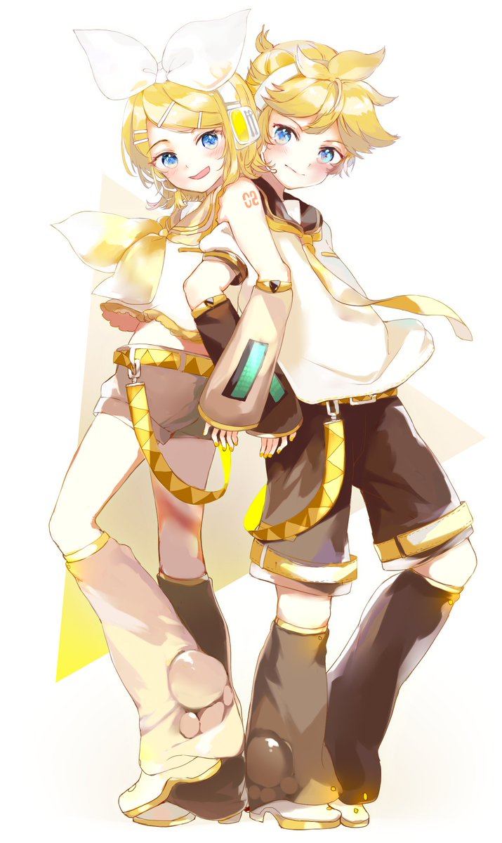 kagamine len ,kagamine rin 1girl leg warmers swept bangs 1boy blonde hair shorts headphones  illustration images