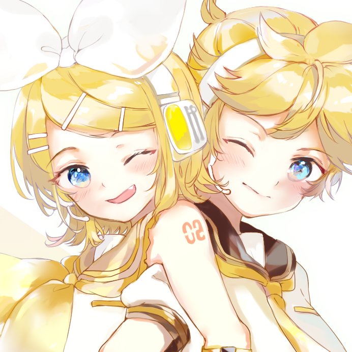 kagamine len ,kagamine rin 1girl leg warmers swept bangs 1boy blonde hair shorts headphones  illustration images