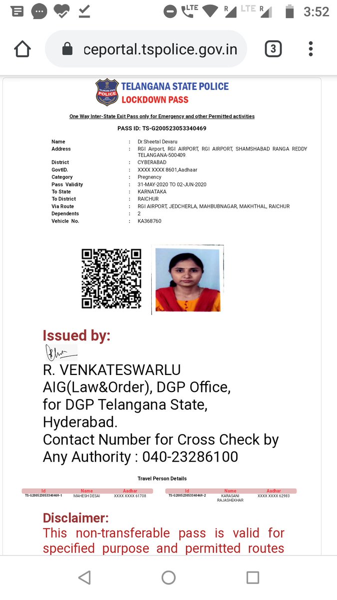 SheetalDevaru's tweet photo. @TelanganaCOPs can the taxi driver coming to pick me from Hyderabad airport show the exit pass I have got from ts police while entering telangana..he will be coming from raichur Karnataka...his name is included in the exit pass..or do we have to apply another pass to enter Telang https://t.co/5oYaZHS0aS