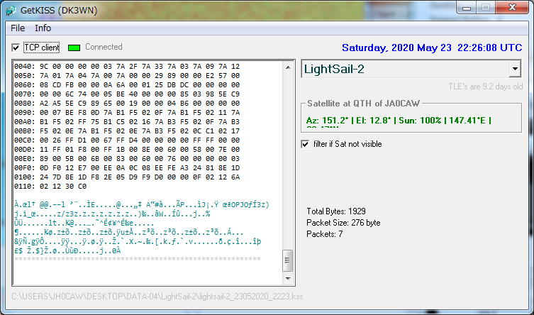 JA0CAW's tweet image. LightSail-2 22:20 UTC 9K6 Telemetry  over Japan  @exploreplanets  #LightSail2  #cubesats