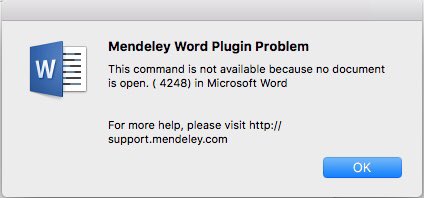 So I closed everything. Uninstalled the word plug in, shut down my computer, restarted, reinstalled the plugin on word. Still doesn’t work. If I open a new word document and click on the reference tab, I get the error in this photo.