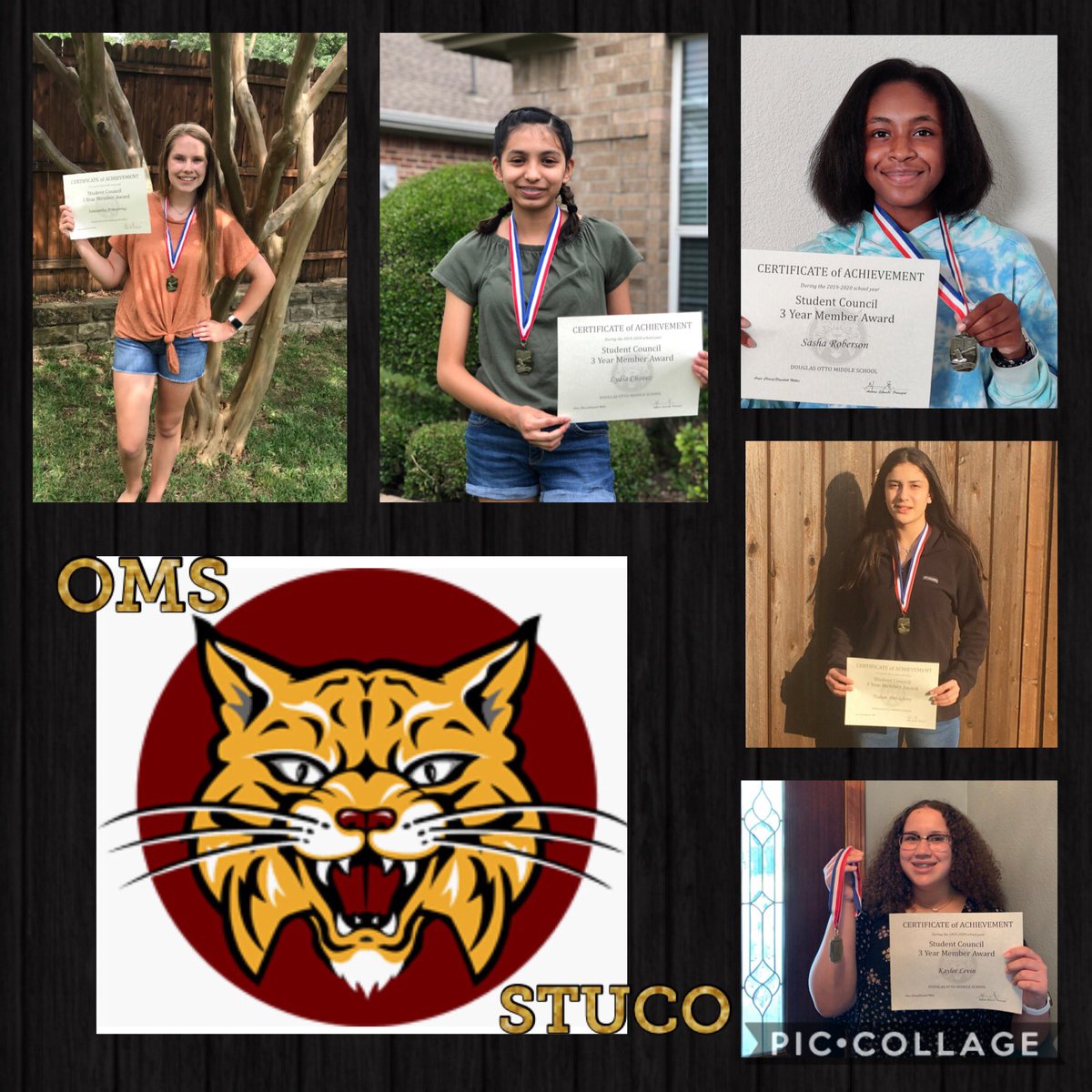 OMSSTUCO's tweet photo. Congratulations to our 8th Grade STUCO members on their 3 yr. service awards. Samantha Armstrong, Lydia Chavez, Sasha Roberson, Nadeen Abdelghany, &amp; Kaylee Levin.  Good luck at Williams next year! @ottobobcats @OttoMiddlePTA https://t.co/JV6oOgLtMP