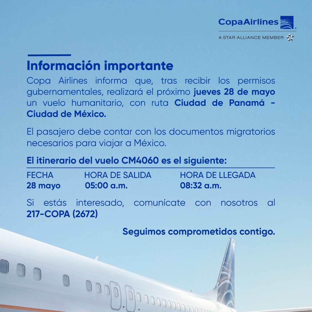 Recibimos las autorizaciones para operar un vuelo humanitario de Panamá a C. de México el 28/5, en el que contamos con cupos limitados. Si necesitas viajar, llámanos al 217-2672. Seguimos comprometidos con transportar a sus hogares a nuestros pasajeros afectados por esta crisis.
