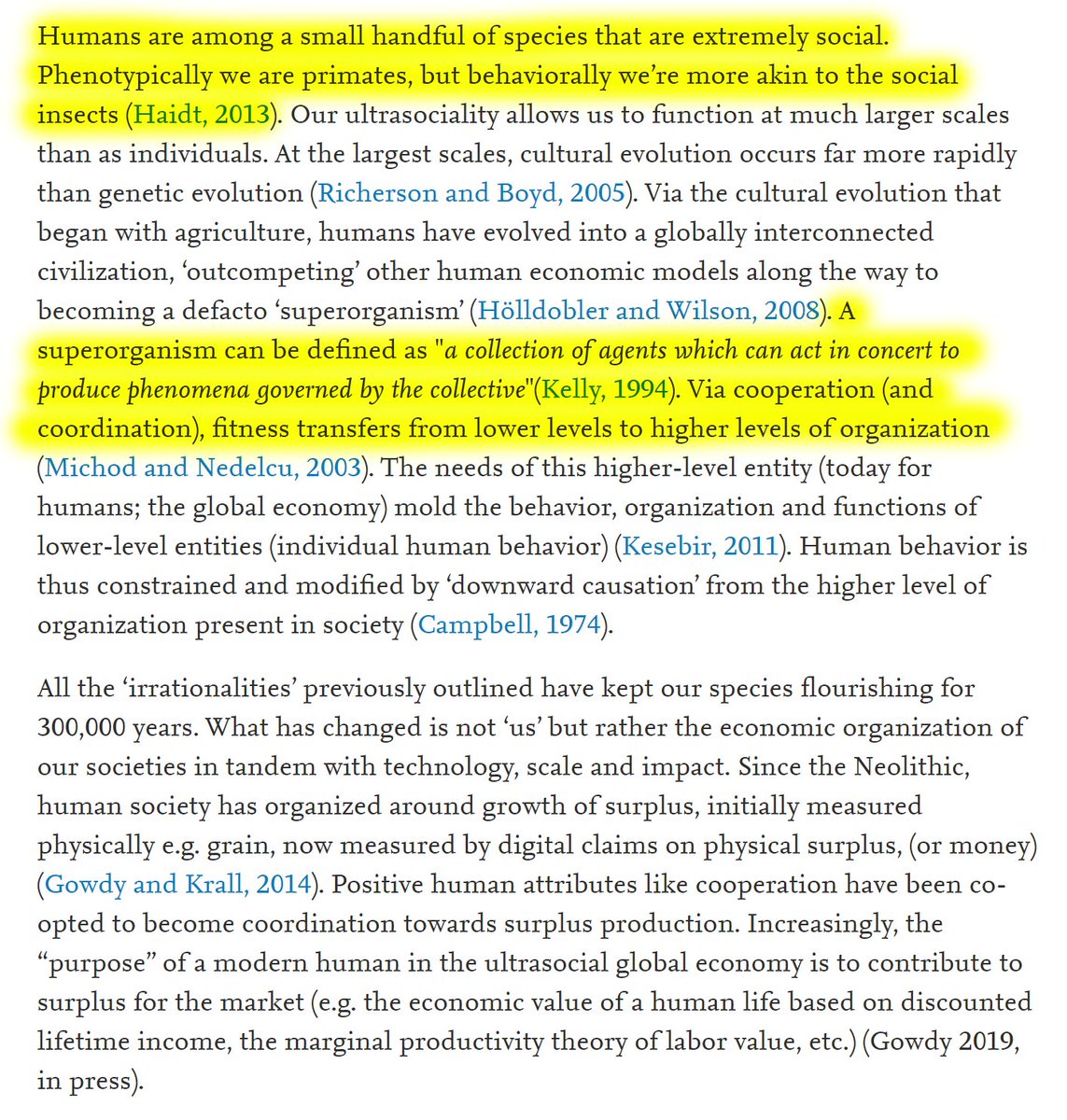 12/60 3.6.2. Ultrasociality and the Superorganism"As humans, we are phenotypically primates, but behaviorally we're more akin to the social insects.""Superorganism: a collection of agents which can act in concert to produce phenomena governed by the collective."