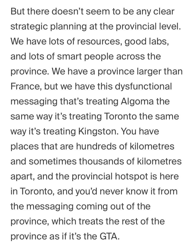 This messaging starts needing to come across.  @DFisman is spot on along with some of my colleague  @DocDominik s arguement. This in Ontario is not the same disease across all regions, and policy needs to reflect that. This affects even guideline committtes which I have worked on
