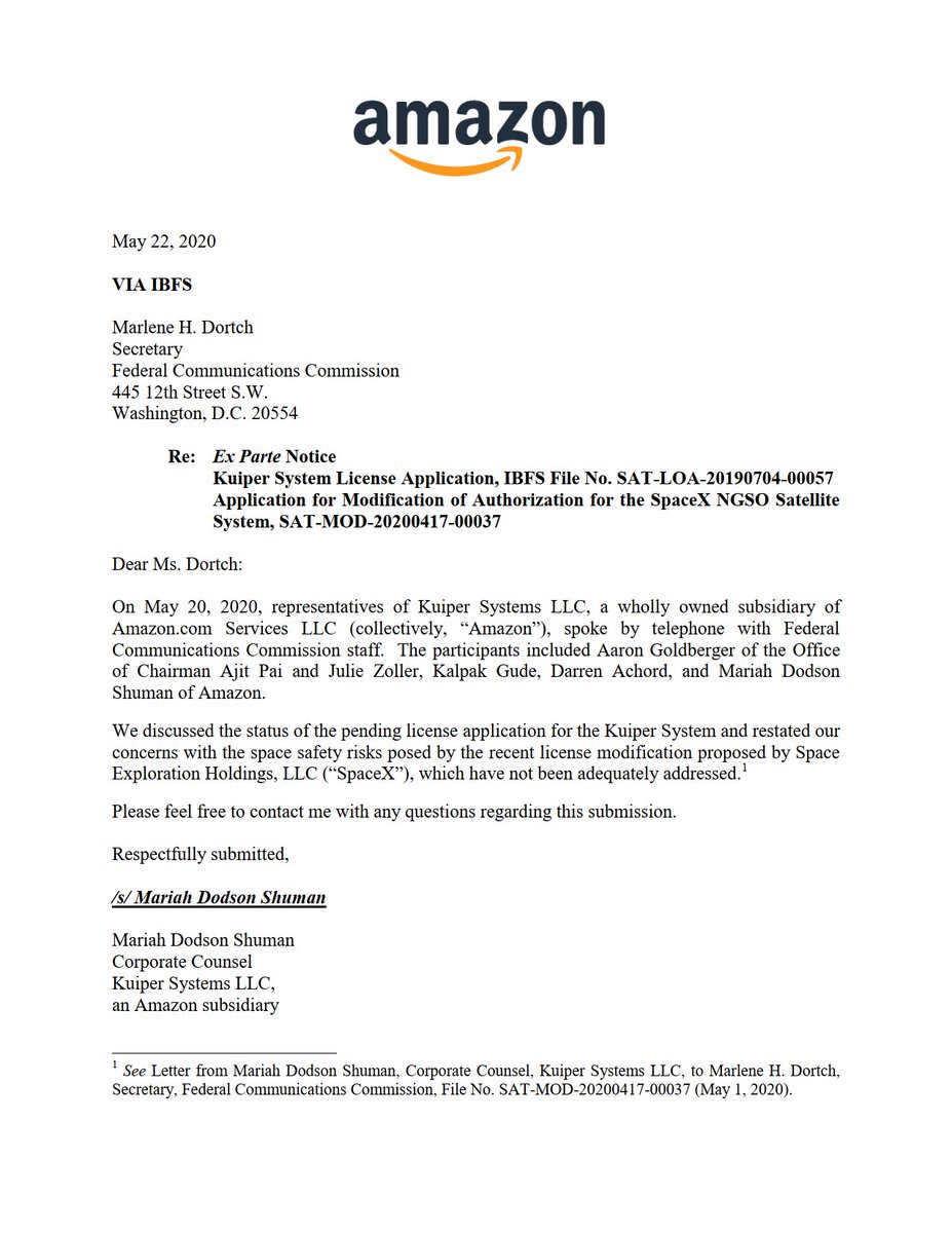 Unsurprisingly, in a phone call with the  @FCC on 20 May  @amazon has "restated [its] concerns with the space safety risks posed by the recent license modification proposed by  @SpaceX, which have not been adequately addressed [in their recent response posted above in this thread]".