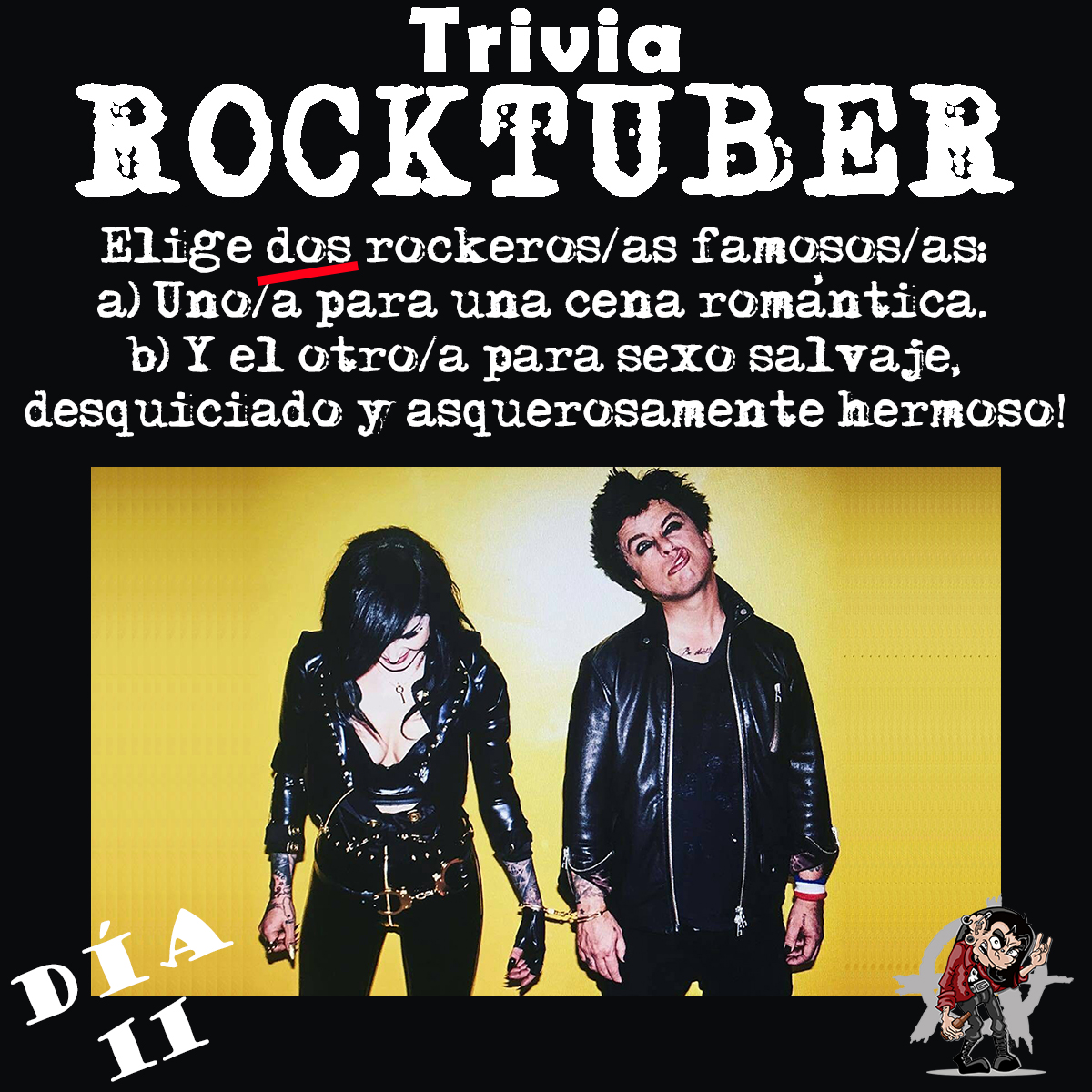 Rocktuver's tweet photo. ⚠ Volvió la #TriviaRocktuber! ⚠
Sigamos jugando. Dale RT y contános tu elección! 🤟
DÍA 1⃣1⃣: Sábado por la noche y encima encerrados! Así que hoy nos ponemos soñadores. Elegí dos rockeros/as conocidos. Uno/a para una velada romántica. Y otro/a para explotar en orgasmos! 😇😈 https://t.co/8myVEwA9Ta