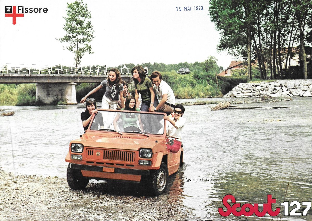 addict_car's tweet photo. What's the best way to get seven people across a shallow river if you don't want to use the bridge? All you need is a Fissore Scout. Based on the mk1 version of the Fiat 127, it was quite a sensible little utility vehicle and was sold across Europe. #carbrochure #Fiat #Fissore https://t.co/EUjPUZ8nAl