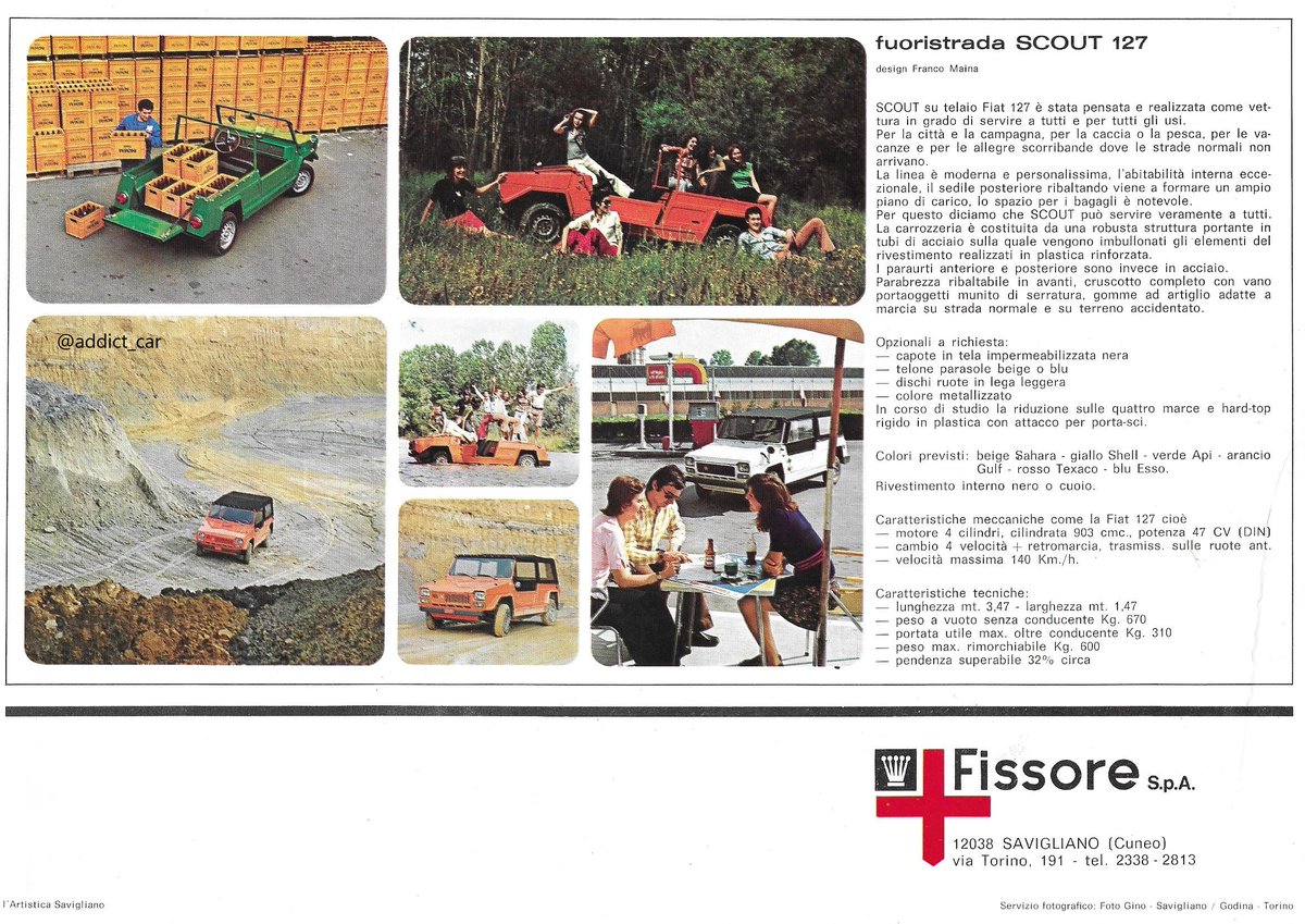 addict_car's tweet photo. What's the best way to get seven people across a shallow river if you don't want to use the bridge? All you need is a Fissore Scout. Based on the mk1 version of the Fiat 127, it was quite a sensible little utility vehicle and was sold across Europe. #carbrochure #Fiat #Fissore https://t.co/EUjPUZ8nAl